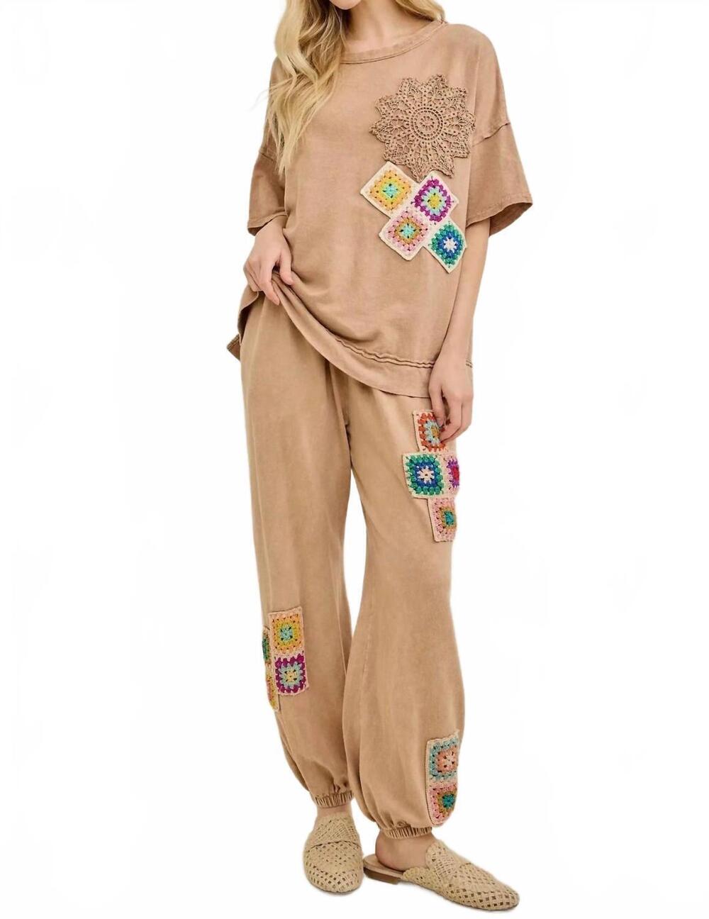 NEW J.HER crochet detail short sleeve set in latte mineral wash